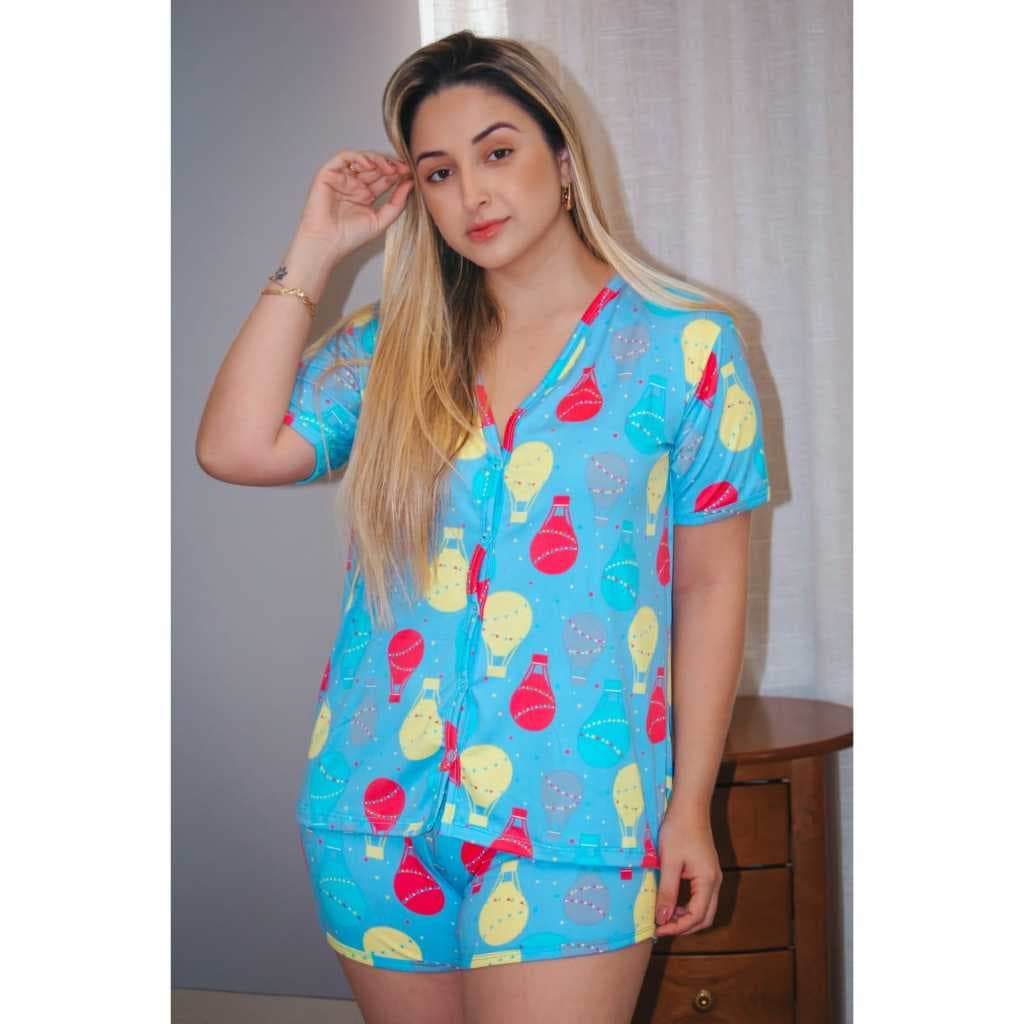 Pijama Americano baby doll pijama Blogueirinha aberto com botões  para amamentar e pós cirúrgico