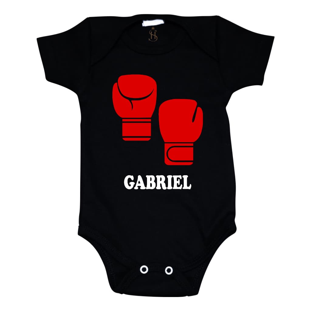 Body Infantil Preto Luvas Boxe Personalizado com Nome