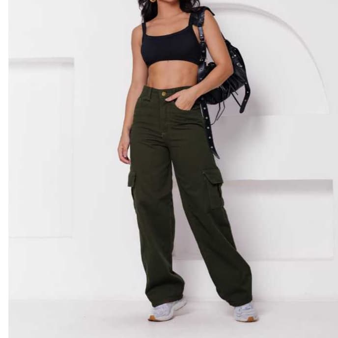 Calça cargo jeans wid legue casual moda blogueira feminina