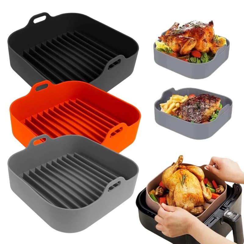 Forma Para Air Fryer de Silicone Quadrada Forma de Silicone Air Fryer Fritadeira Elétrica Micro-ondas Com Alça 16cm