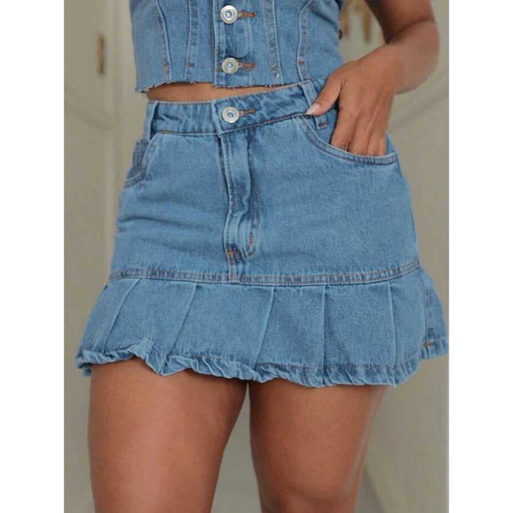 MINI SAIA COM BABADO JEANS MÉDIO E PRETA.