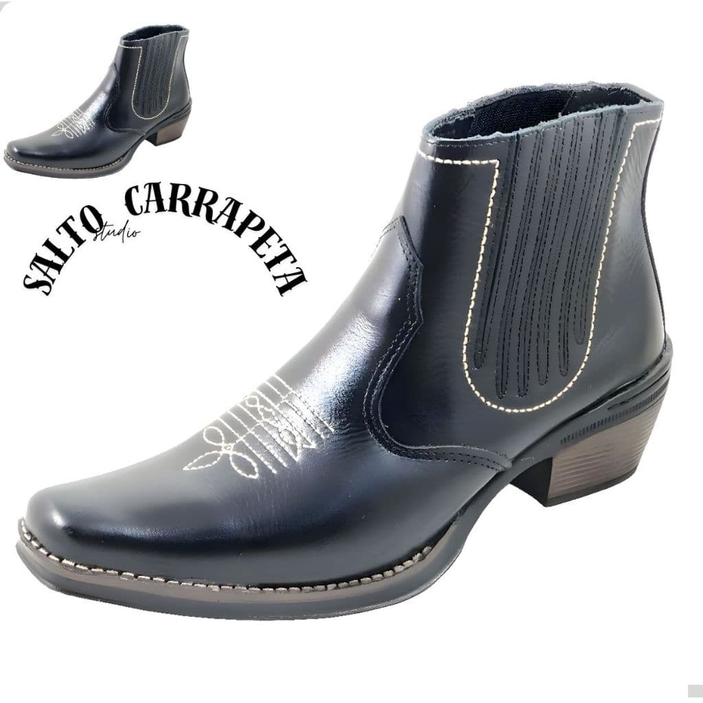 Bota Country Texana Masculina Botina Couro Legitimo Solado Costurado Botina Bico Fino Cor Preta 3331