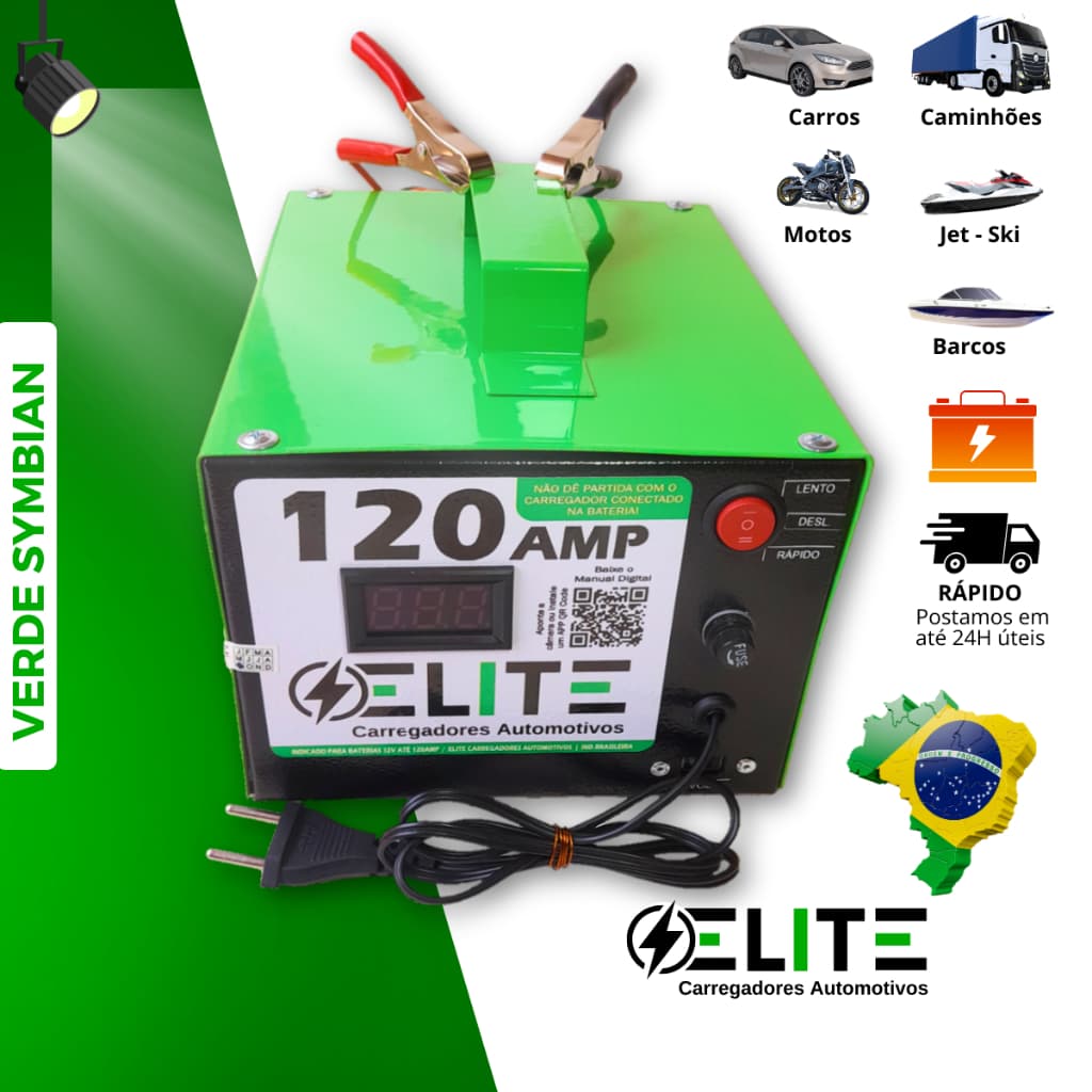 Carregador de bateria 12V 5Ah Elite - Verde Symbian, Bivolt, C/Voltímetro, Carros, Motos, Barcos