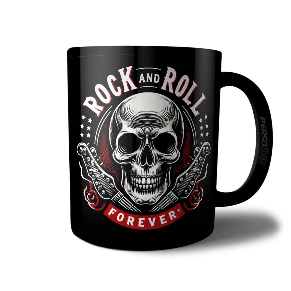 Caneca Preta Rock and Roll Forever Caveira Guitarra Presente Rockeiro para Sempre