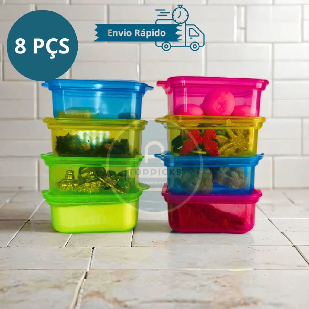 Kit 8 Mini Potes Plástico Retangulares 6x5,5 Cm Armazenar Organizar Mantimentos Remédio Vitamina