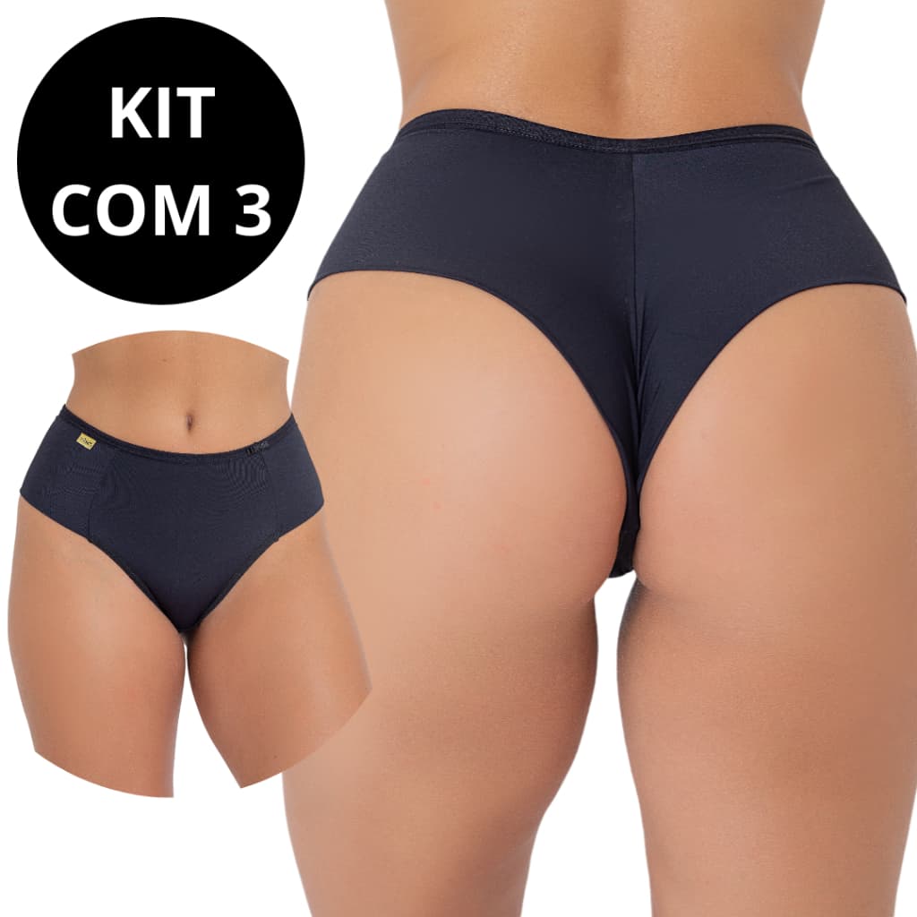 Kit 3 Calcinha Cós Alto Cintura Alta Fio Duplo Cinta Lisa Conforto Pala Larga