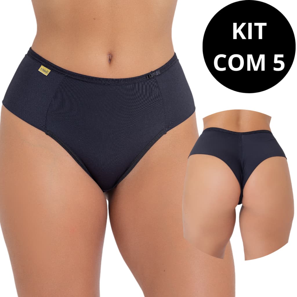 Kit 5 Calcinha Cinta Cós Alto Fio Duplo Cintura Alta Lisa Conforto Pala Larga