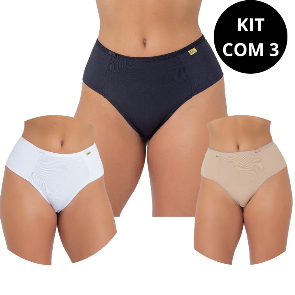 Kit 3 Calcinha Cinta Cós Alto Fio Duplo Cintura Alta Lisa Conforto Pala Larga
