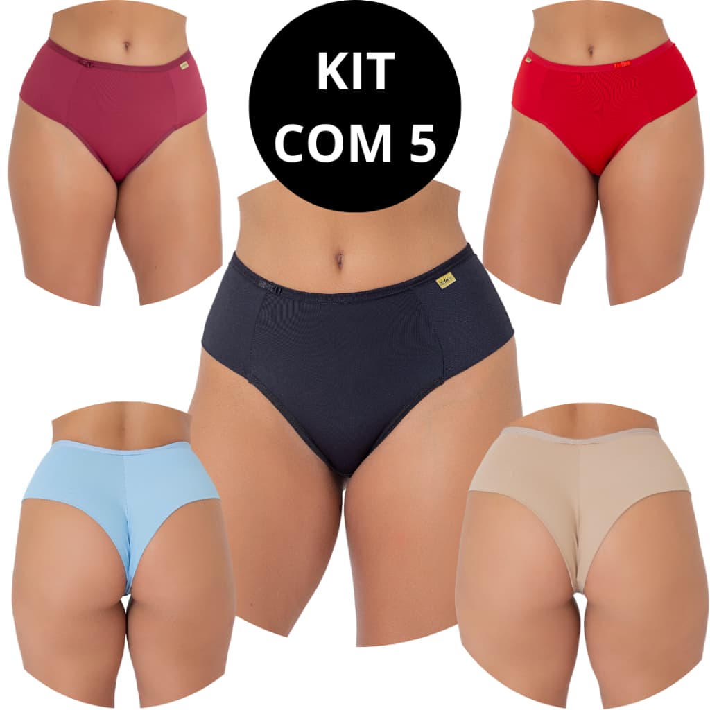 Kit 5 Calcinha Cós Alto Fio Duplo Cinta Cintura Alta Lisa Conforto Pala Larga