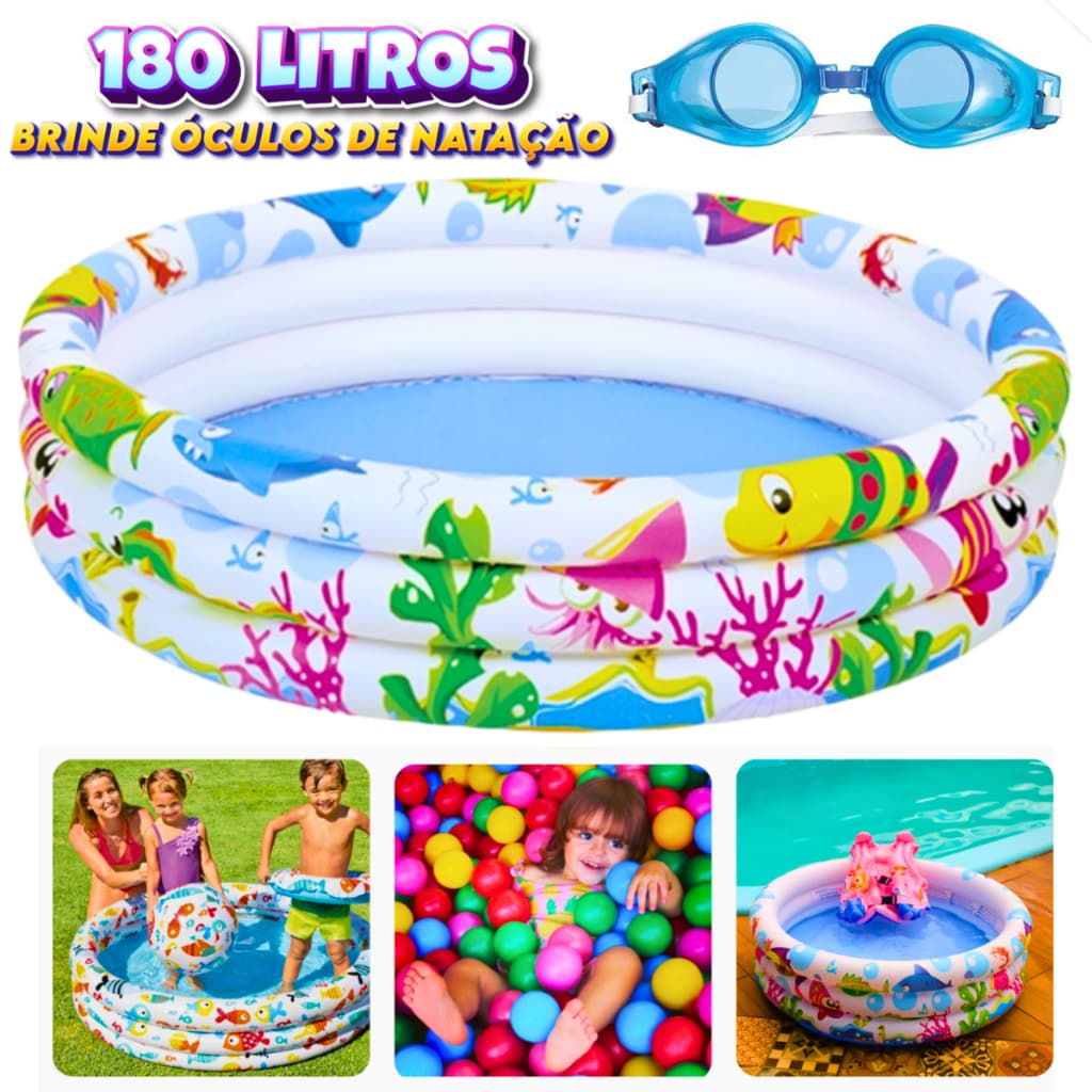 Piscina Criança Infantil Inflável Estampa Fundo do Mar 3 Anéis Resistente
