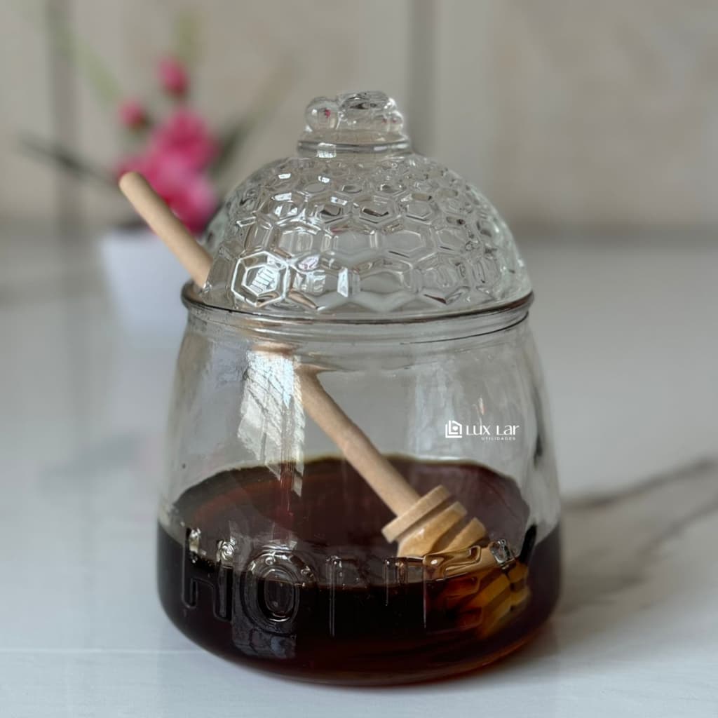 Meleira de Vidro Pote para Mel Abelha Colmeia com Pegador e Tampa Transparente Honey-