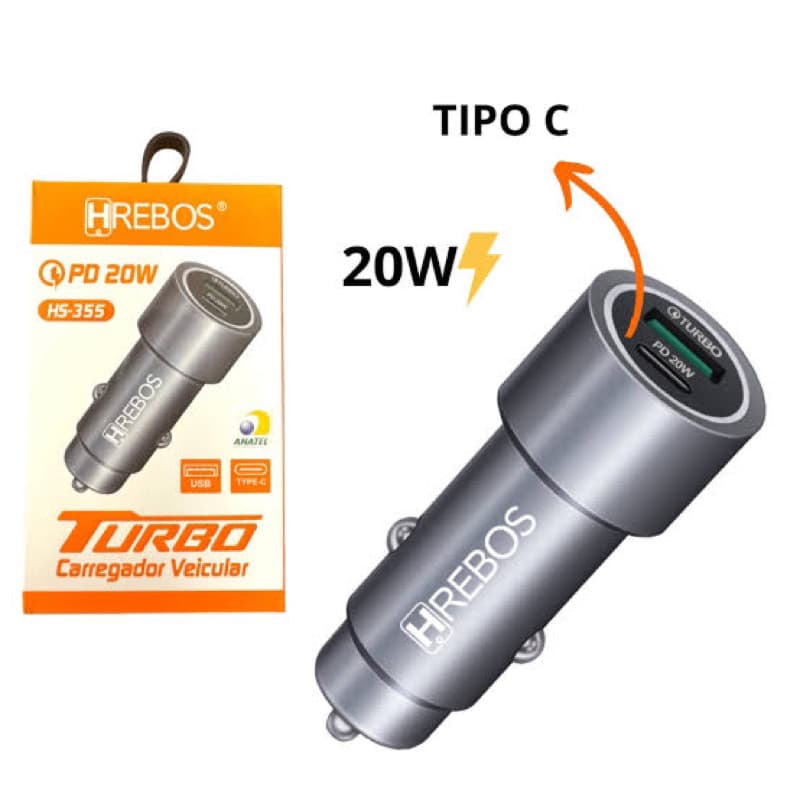 Carregador Veicular Turbo 20W Tipo C USB Rápido Anatel Original Hrebos