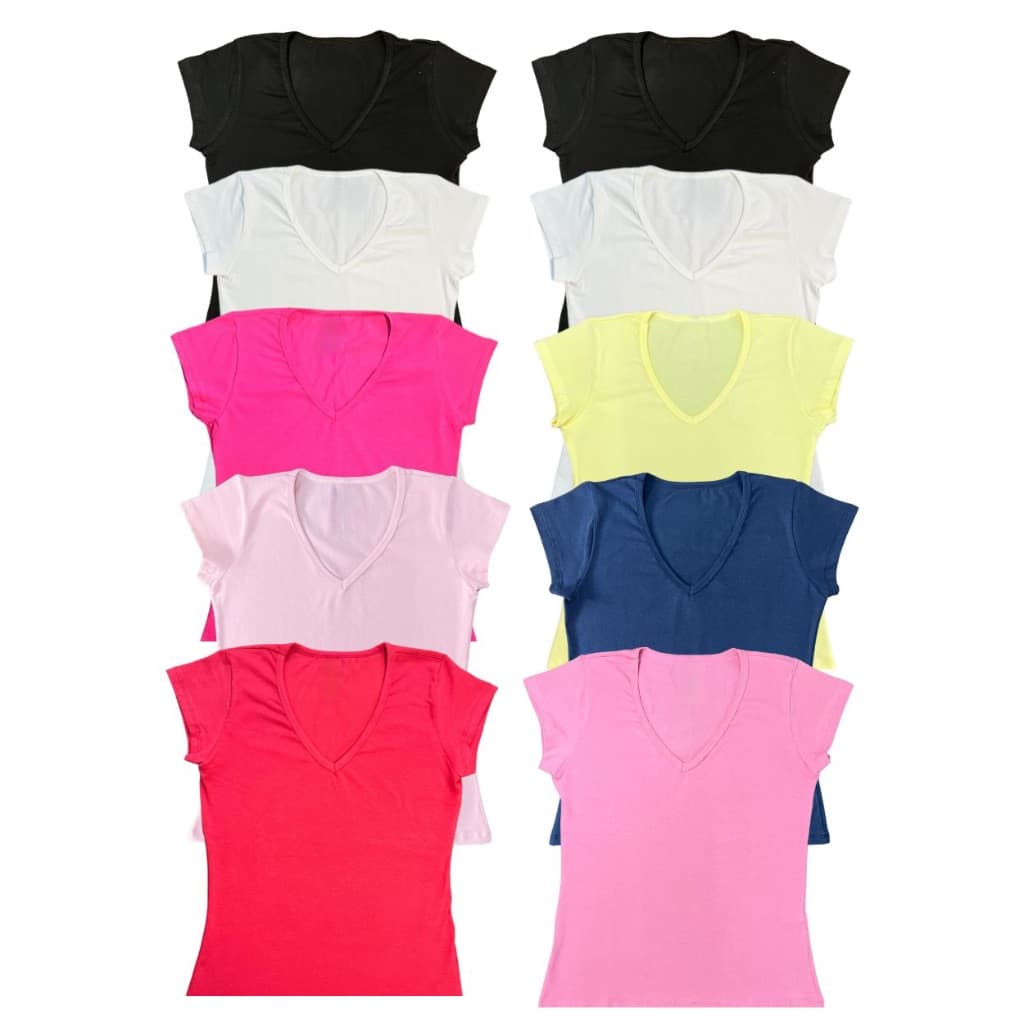 Kit 10 blusas feminina algodão com lycra decote v cores vivas, p ao gg, plus size g1,g2,g3