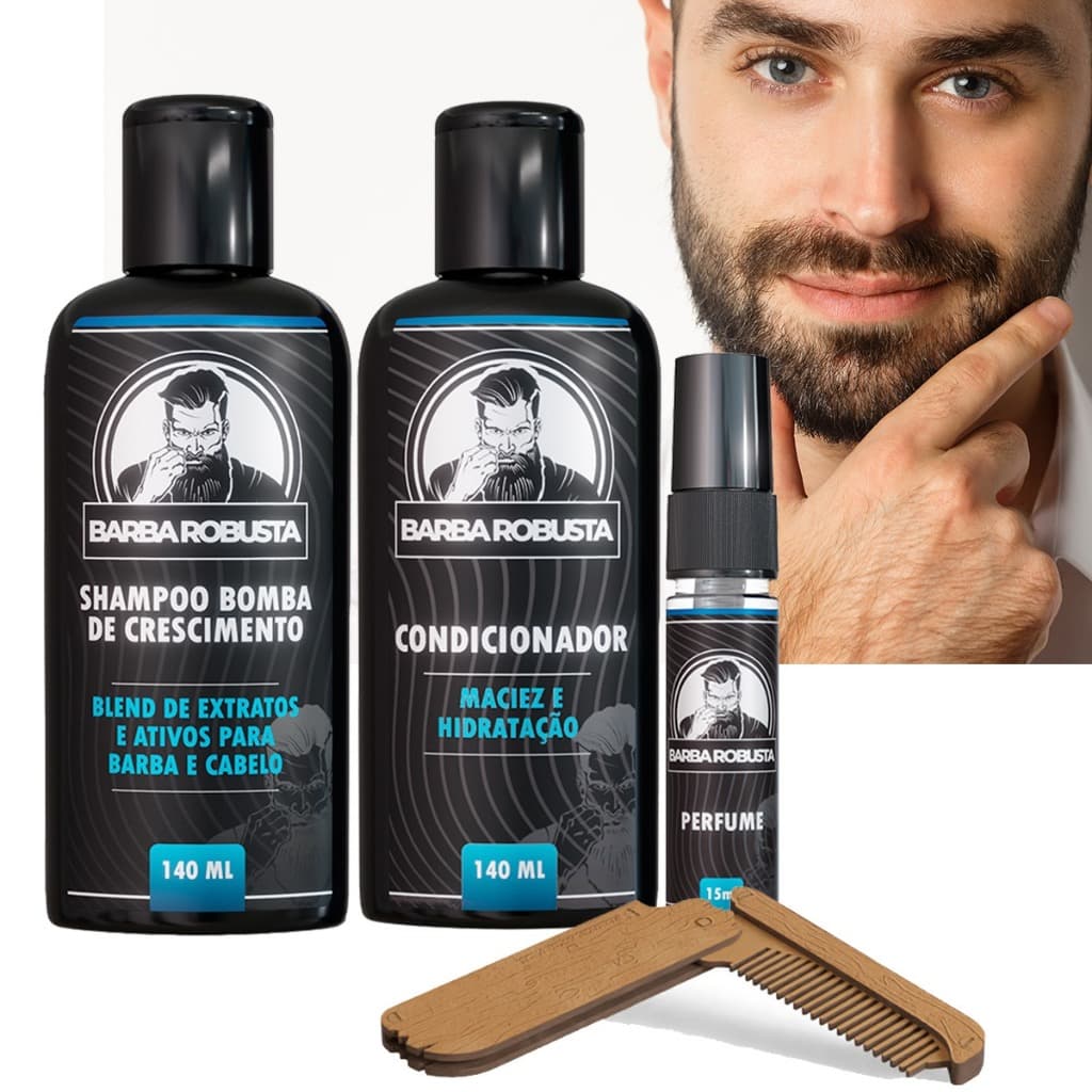 Barba Robusta Kit barba Shampoo Condicionador Perfume e Pente Madeira
