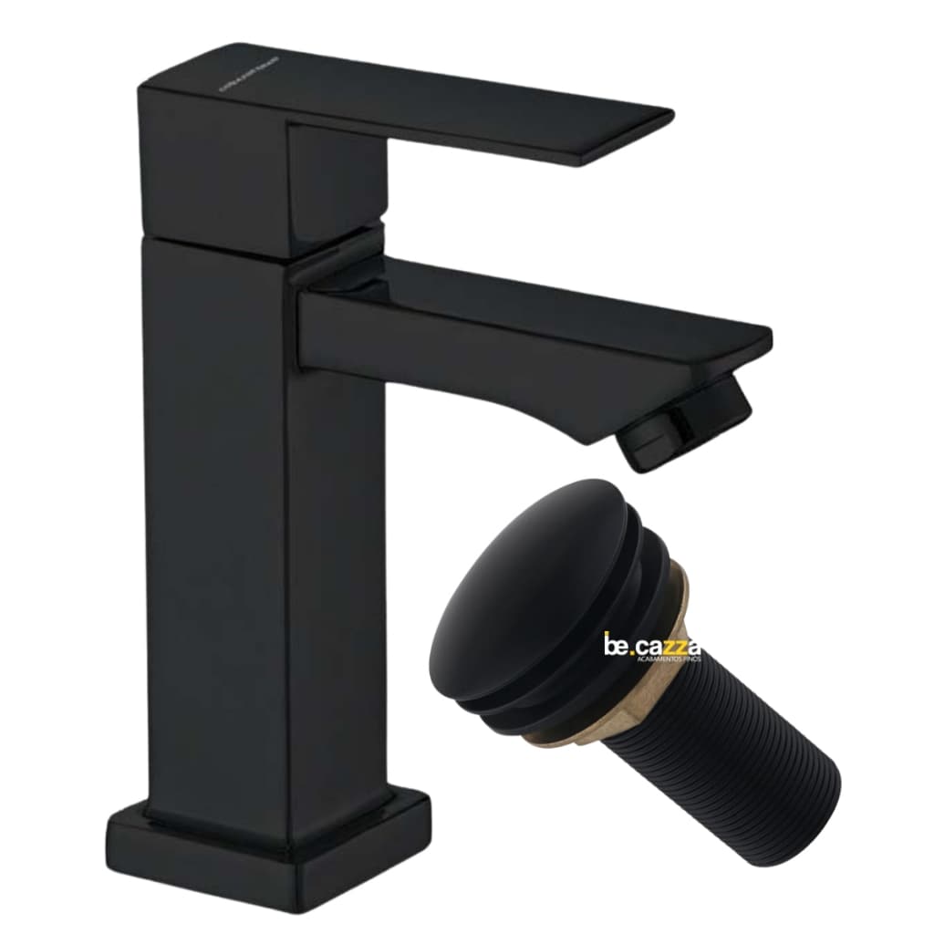 Torneira de Banheiro Quadrada Cuba Preto Fosco Metal Inox 1/4V+Valvula Click Metal 7/8 Preto Fosco
