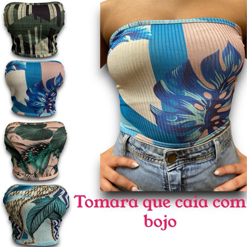 KIT 4 Cropped Top Tomara que caia canelado  estampado  “Premium”