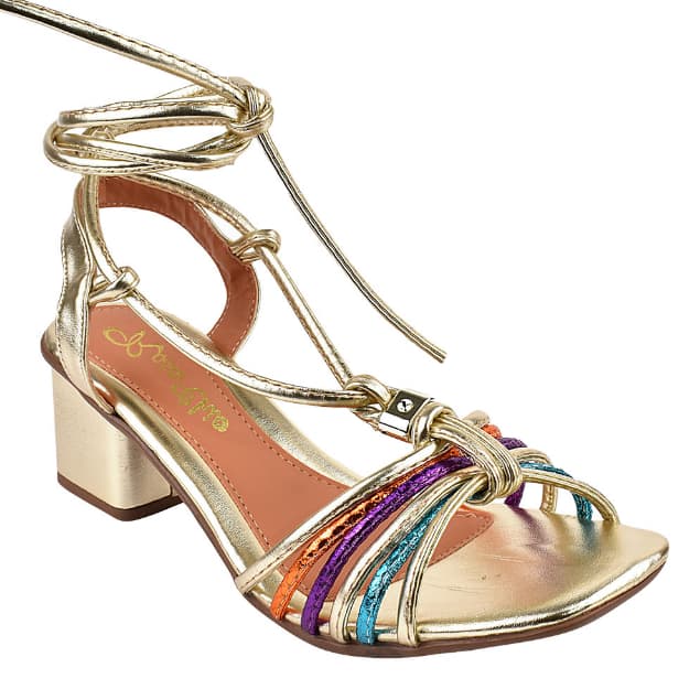 Sandália Feminina Amarração Salto Baixo Grosso Bloco 5cm Metalizada Moda Evangélica Verão Conforto