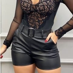 Short Couro Feminino Alta Qualidade Com Bolsos Funcional Cinto De Fivela Moda Blogueira