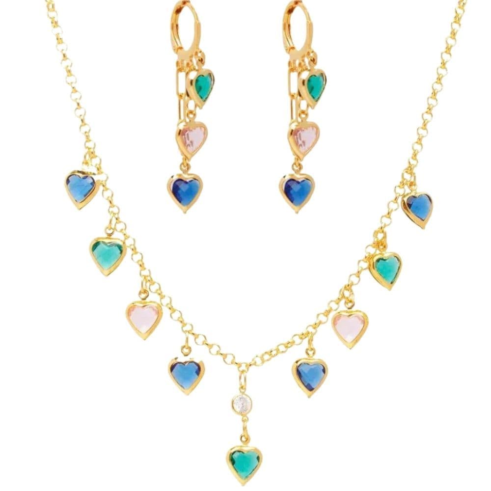 Conjunto Choker E Brinco Corações Folheado A Ouro 18k