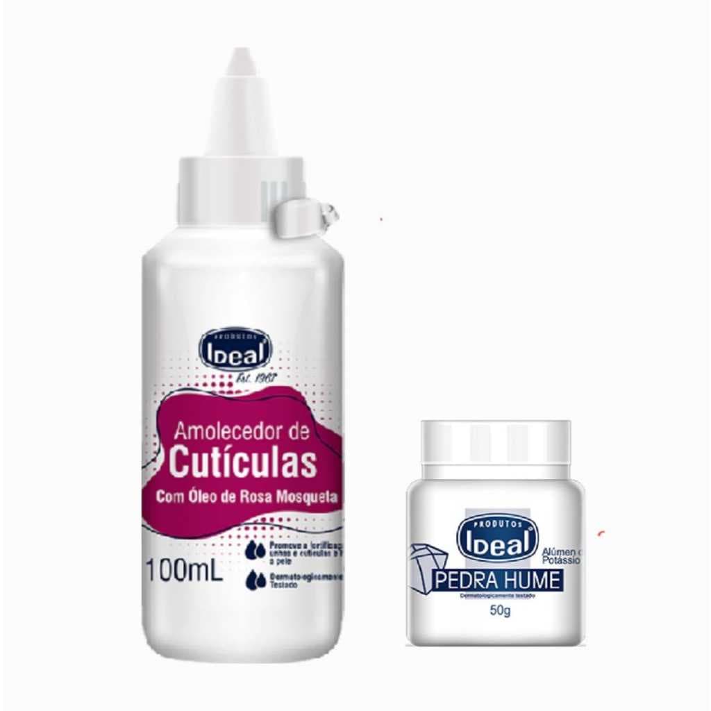 Kit Ideal 2 Produtos 1 Amolecedor De Cutículas Com Óleo De rosa Mosqueta 100ml + 1 Pedra Hume Pó Ideal 50g