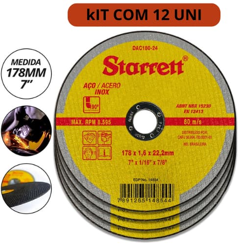 Kit 12 Disco De Corte Starrett Para Metal E Aço Inox 7 Polegadas