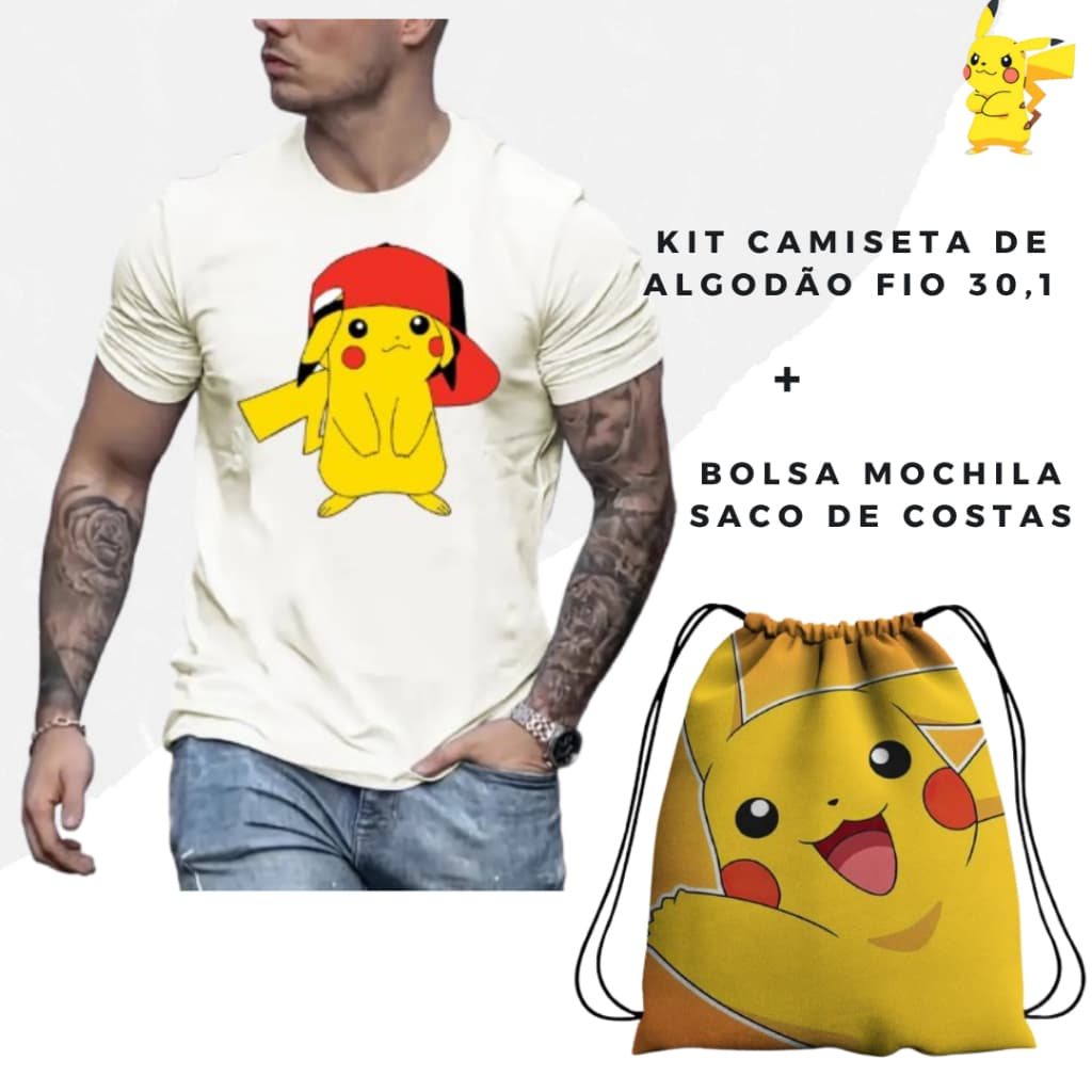 Kit Camiseta Pikachu 100% Algodão Fio 30.1 + Mochila Saco Estampada - Ideal para Fãs do Pokemon