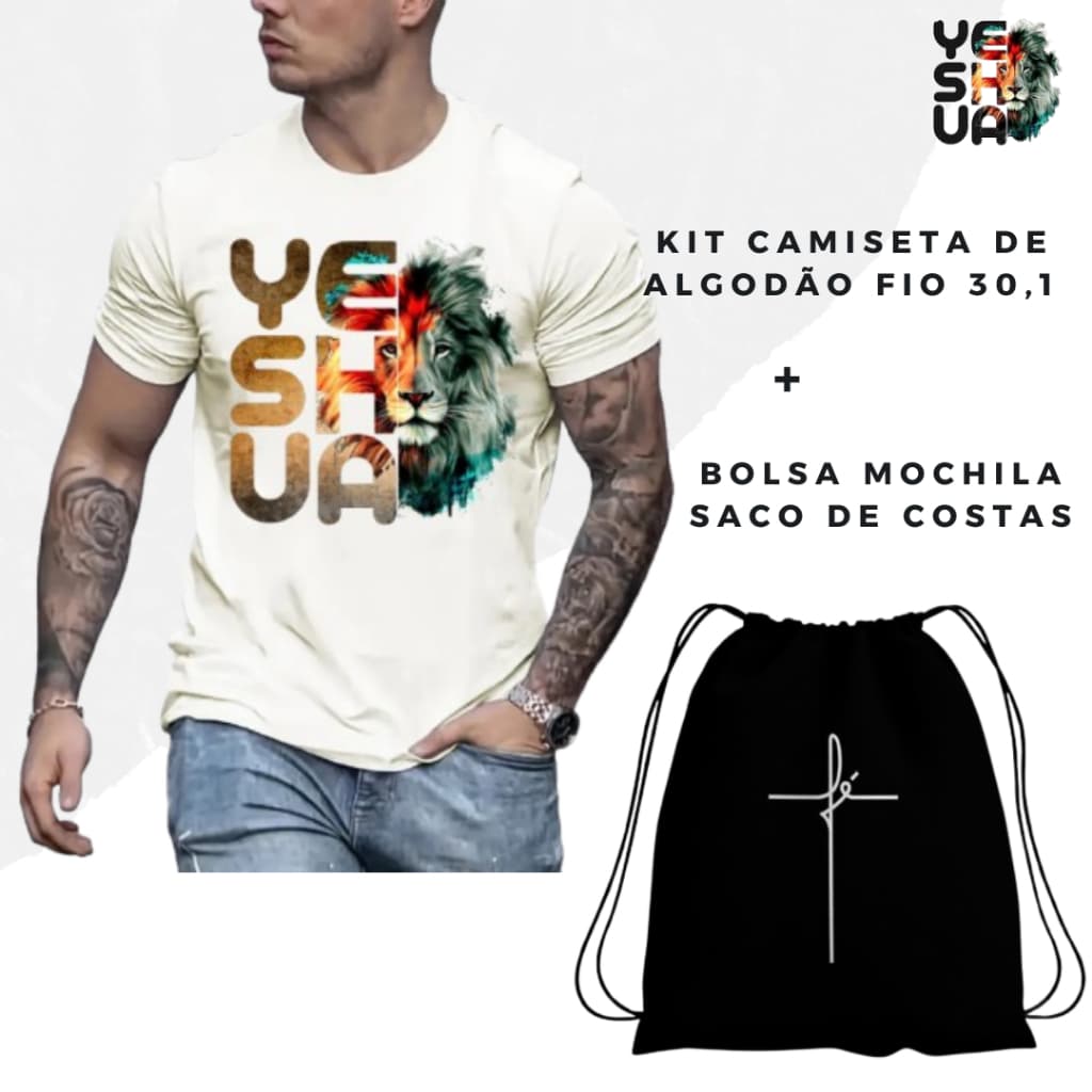 Kit Masculino Gospel Yeshua Pergaminho Camiseta 100% Algodão Fio 30.1 Penteado + Mochila Saco