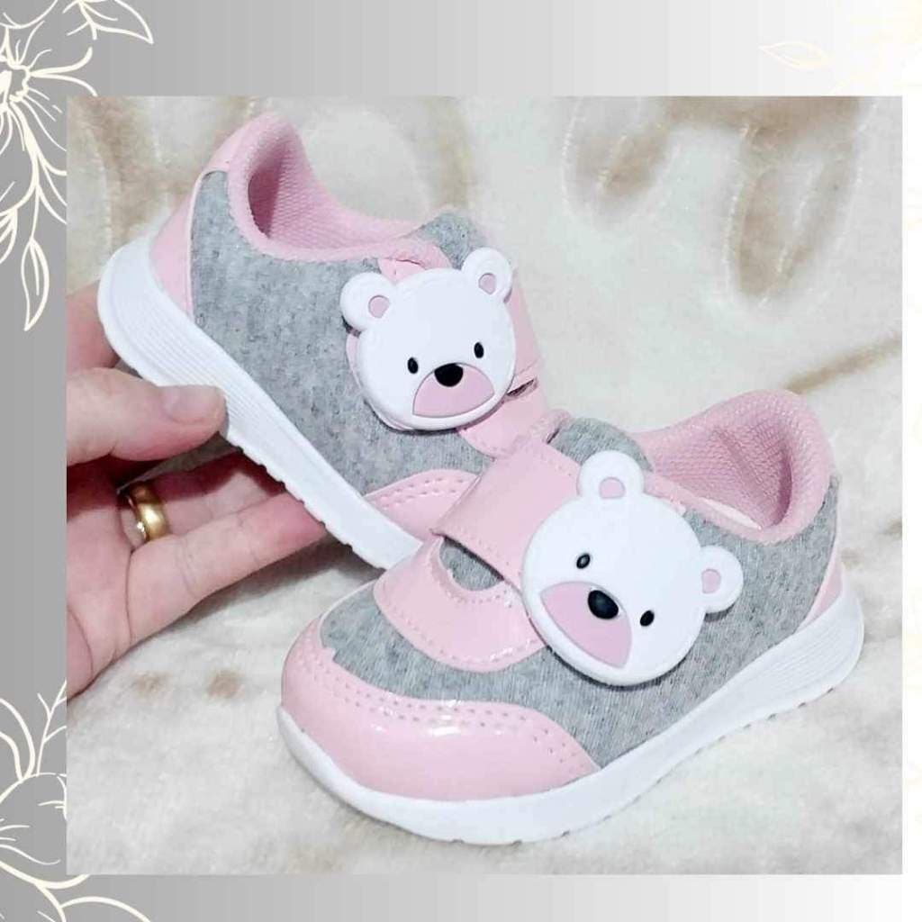 Tenis urso infantil menina rosa com cinza bebe presente