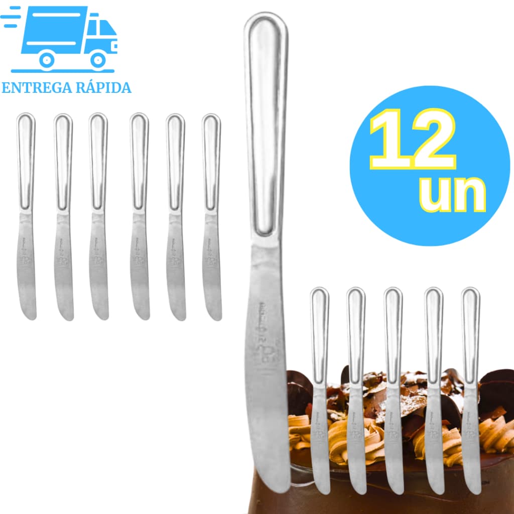 Kit 12 Faca de Sobremesa 100% Aço Inox Alta Qualidade Bolos Tortas Frutas para Casas Restaurantes