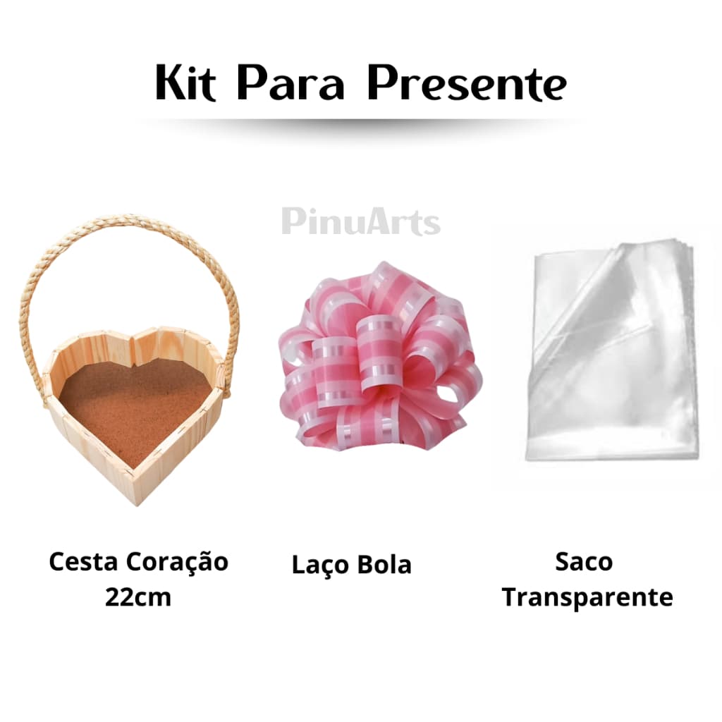Cesta de Madeira Para Presentes, Kit com Cesta Coração 22cm, Laço Bola e Embalagem Transparente