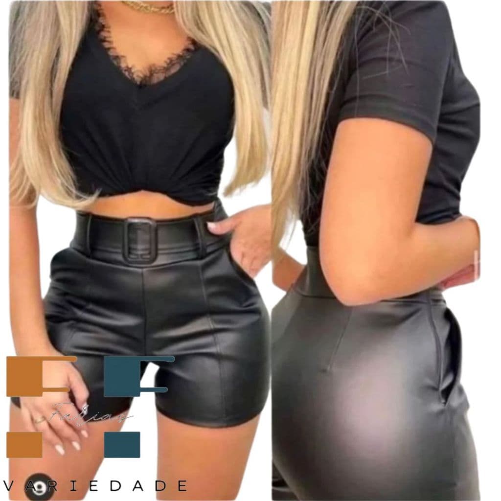 Short Courino/Couro Feminino Curto Cintura Alta Moda Blogueira Fim De Ano