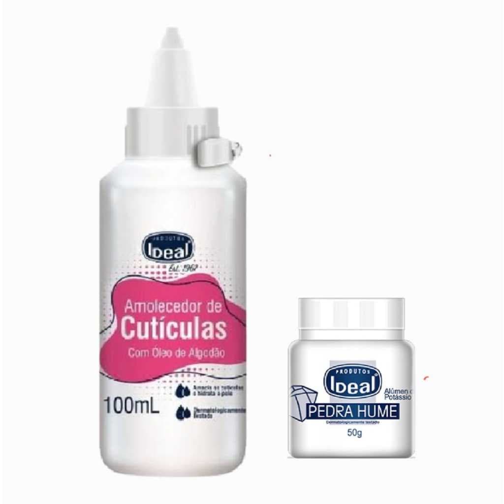 Kit 2 Produtos Ideal 1 Amolecedor de Cutículas Com Óleo De Algodão 100ml + 1 Pedra Hume Pó Ideal 50g