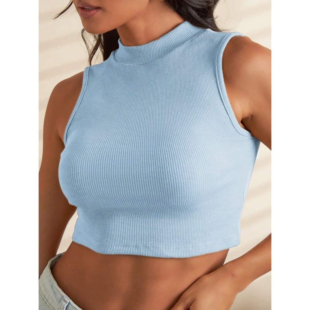 Camiseta Regata Basica Top Cropped Simples Algodão Ribana Verão Tendência Gola Alta Cores Candy rosa amarelo azul