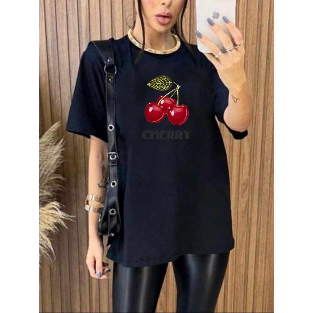 Camiseta Feminina Cherry cereja Oversized 100% algodão