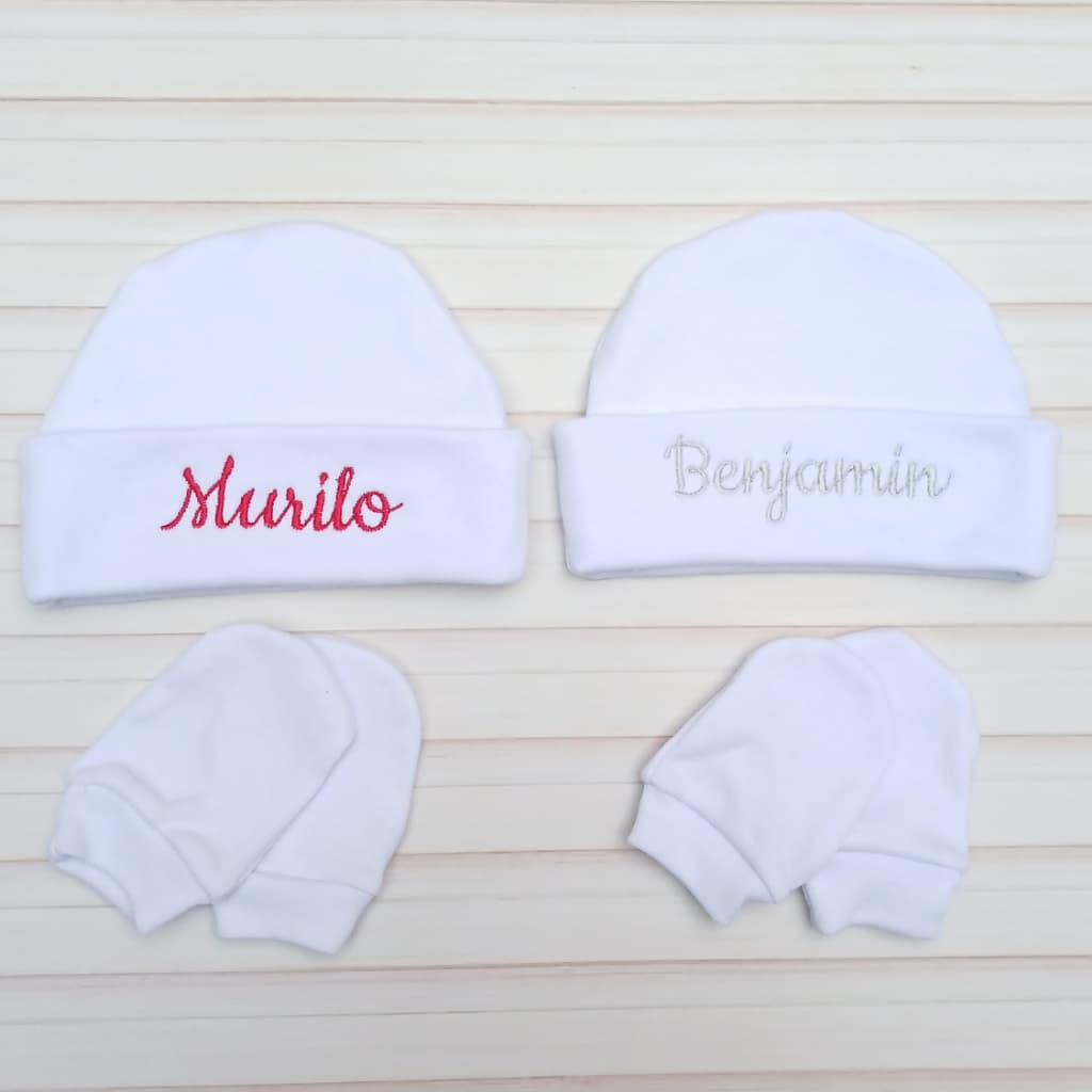 Kit com 1 touca e luvinhas recém nascido, bordado, personalizado
