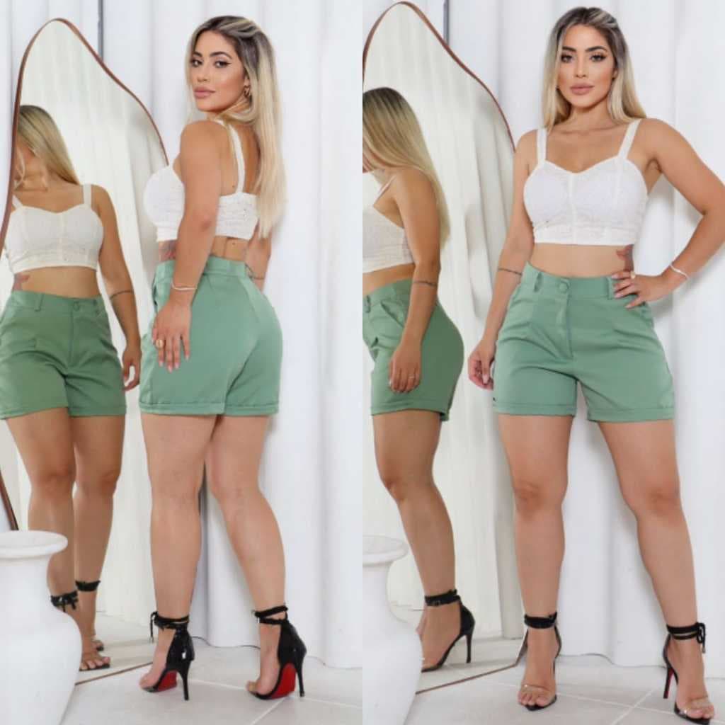 Short Alfaiataria Barra Italiana Cintura Alta Estilo Social