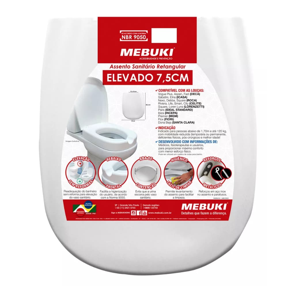 Assento Sanitário Retangular Elevado 7,5cm Pcd Pne Branco