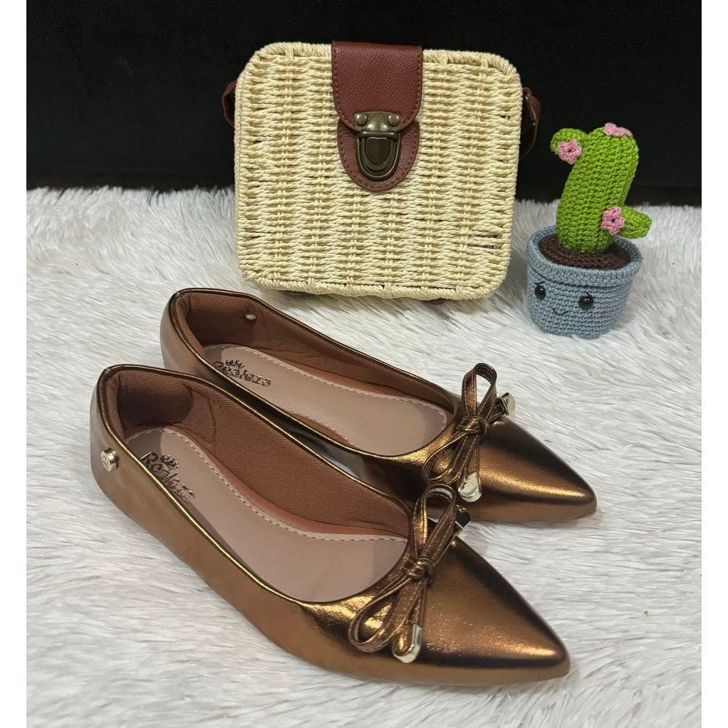 Sapatilha Bico Fino Alongado Metalizado Bronze Laço Luxo