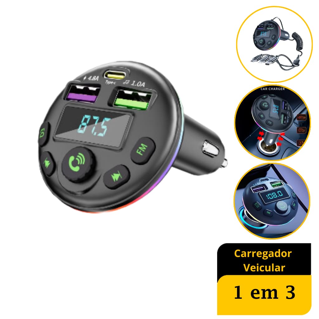 Carregador De Carro Cabo De Carregamento Rápido 1 Em 3 Isqueiro USB