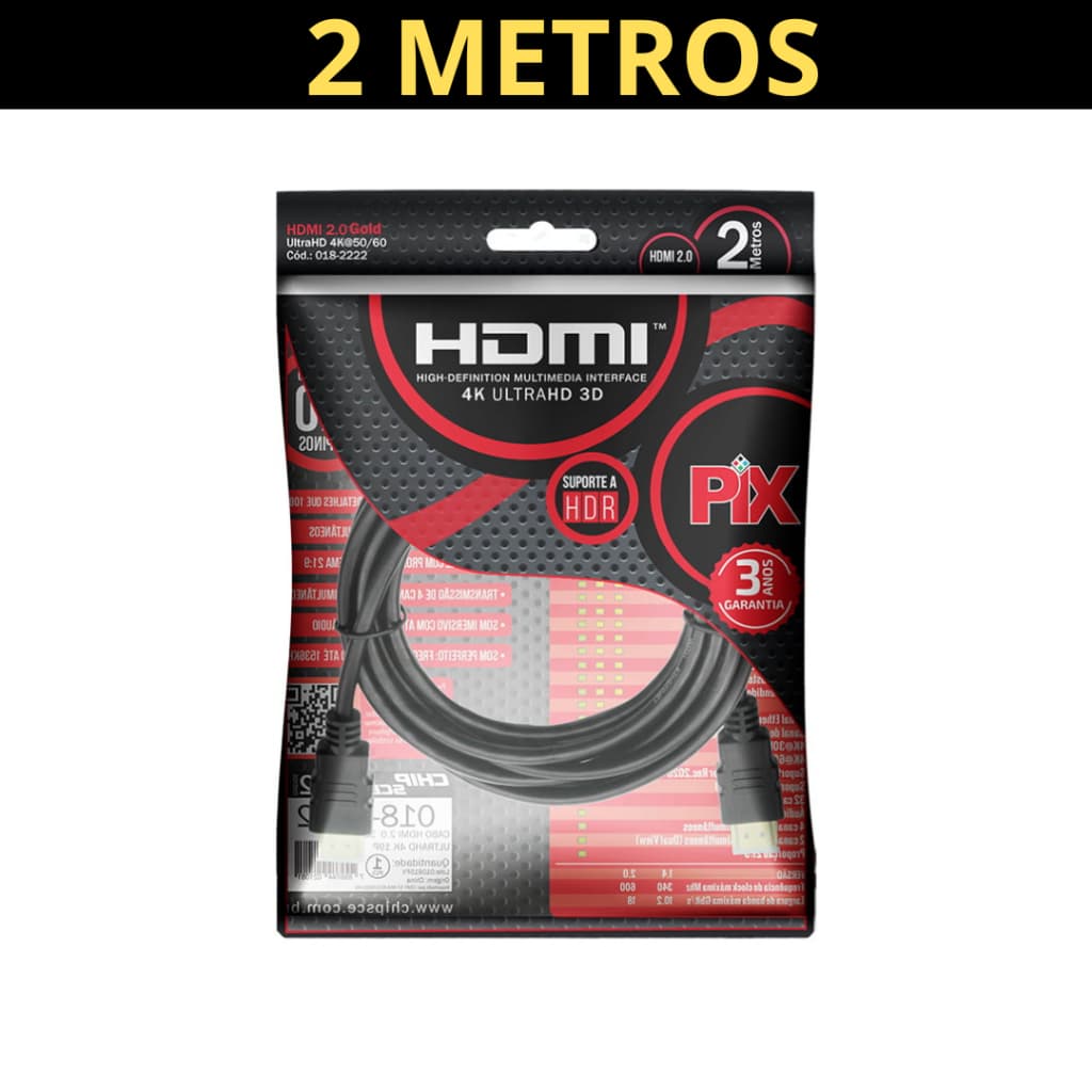 Cabo HDMI 2.0 2 Metros Ultra HD 4K 19 Pinos @60Hz PIX