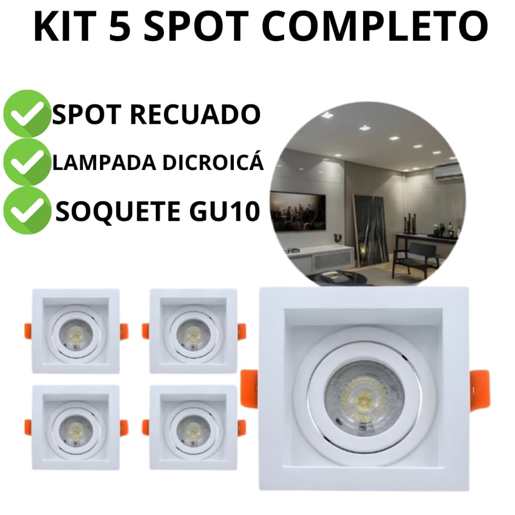 Kit 5 Spot De Embutir Recuado Completo Com Lampada Led Dicroica MR16 Led 36°Soquete Gu10 Spot 360°