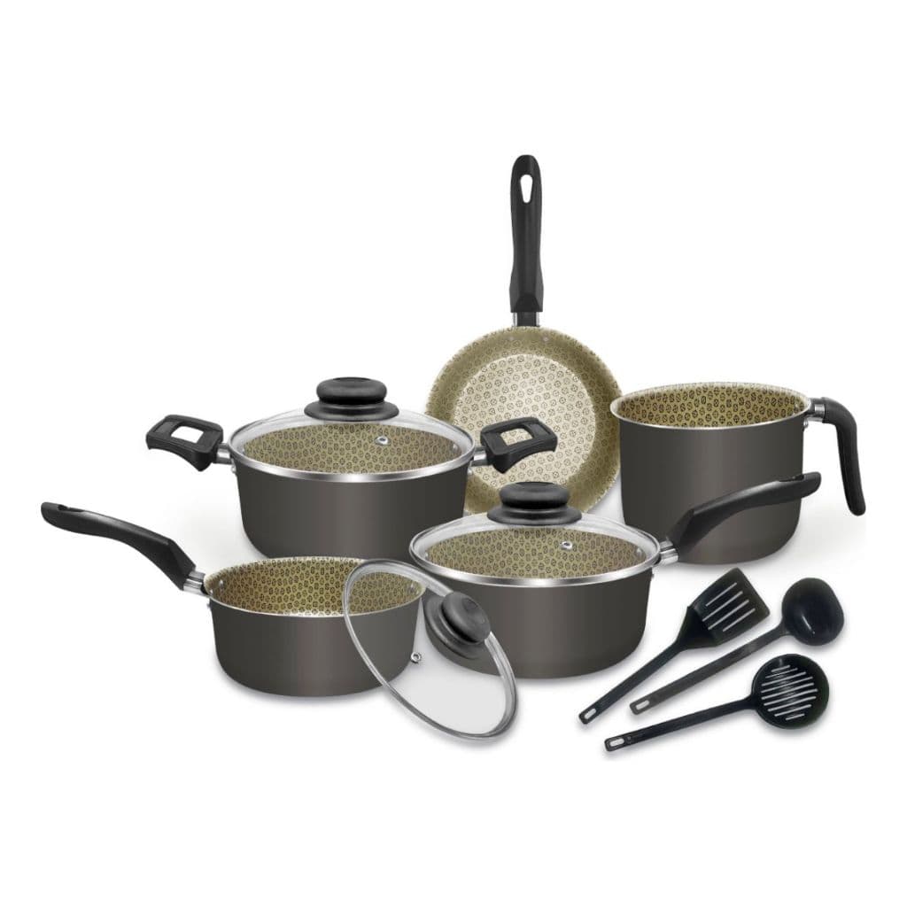 Conjunto De Panelas 8 Pçs Teflon Tampas De Vidro PRETO-BEJE-DESIGNO