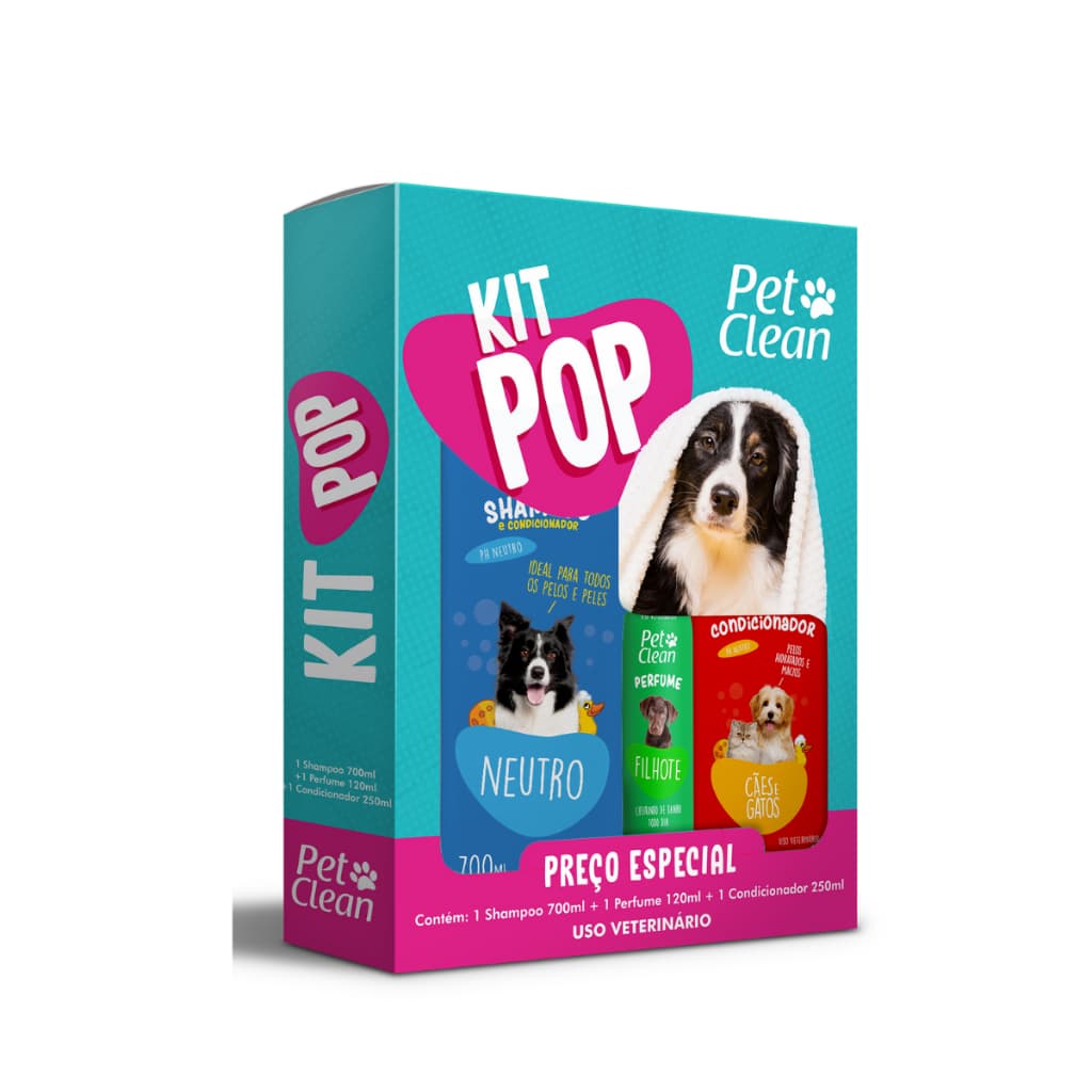 Kit POP PetClean Shampoo + Perfume + Condicionador Pet Cães Gato Banho e Tosa