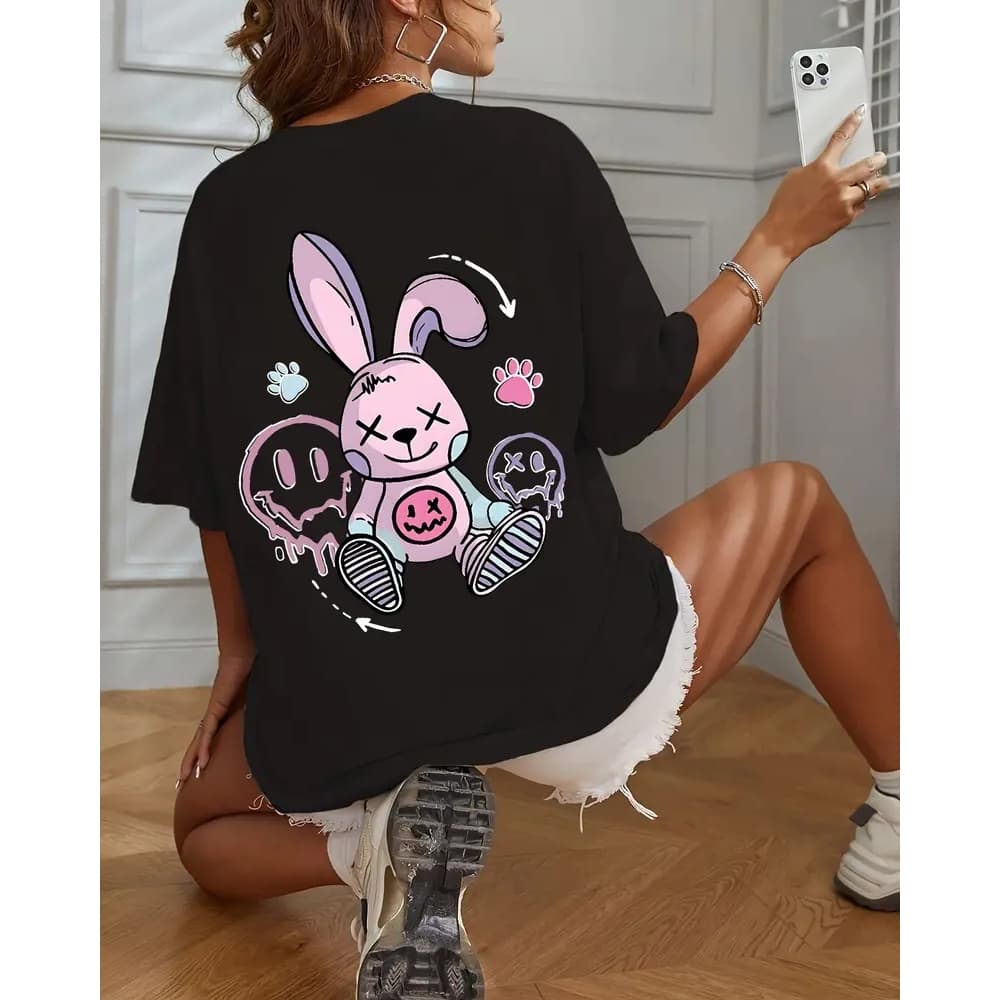 Camiseta T-Shirt Basica Slim Premium Feminina Unissex Coelho Estiloso Streetwear Rosa Algodao 30.1