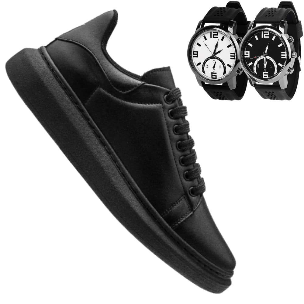 Tenis Masculino Casual Couro Moderno Sneeker Preto Branco Sola Alta 5 cm Calçado 46 Lançamento