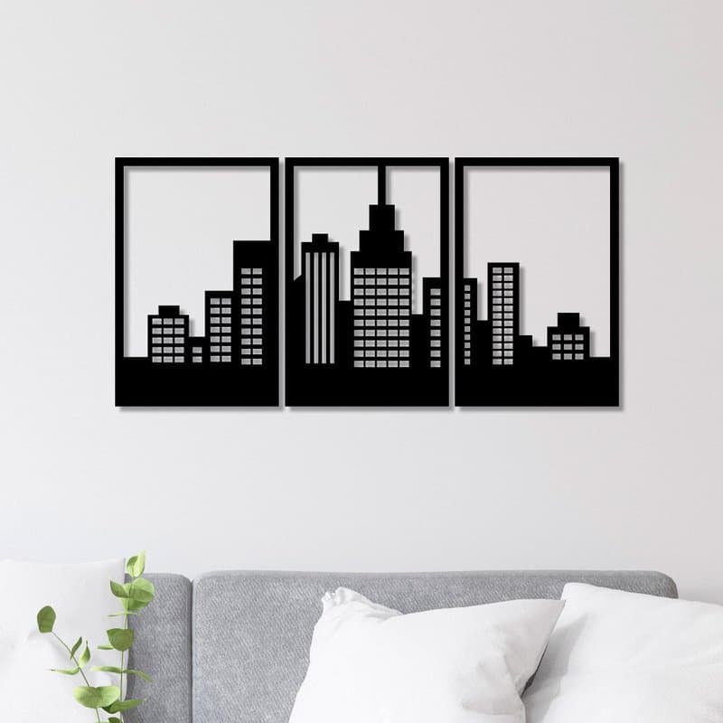 Conjunto 3 Quadros Vazados em MDF Prédio Edifício Empresa Skyline