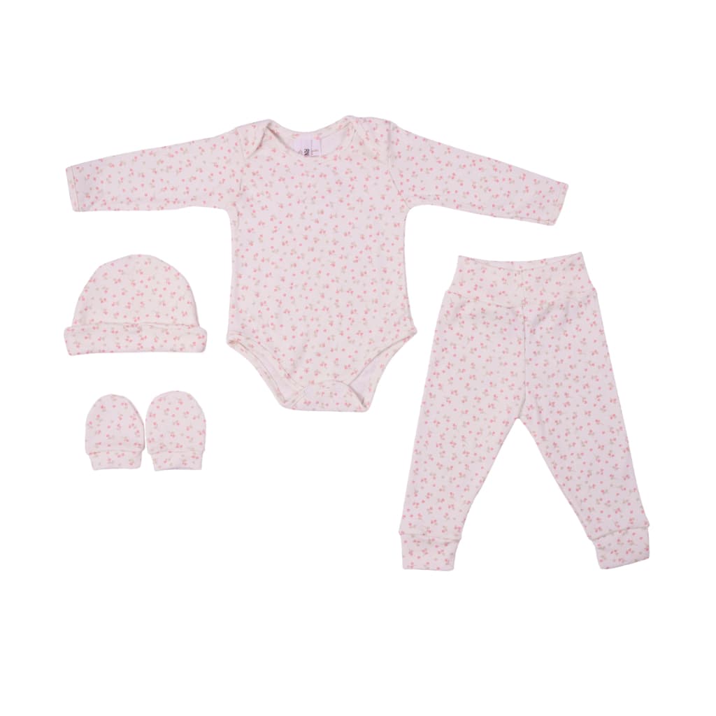 Conjunto Bebê Menina 04 Peças Suedine 100% Algodão Body e Calça Estampa Floral Delicada e Charmosa