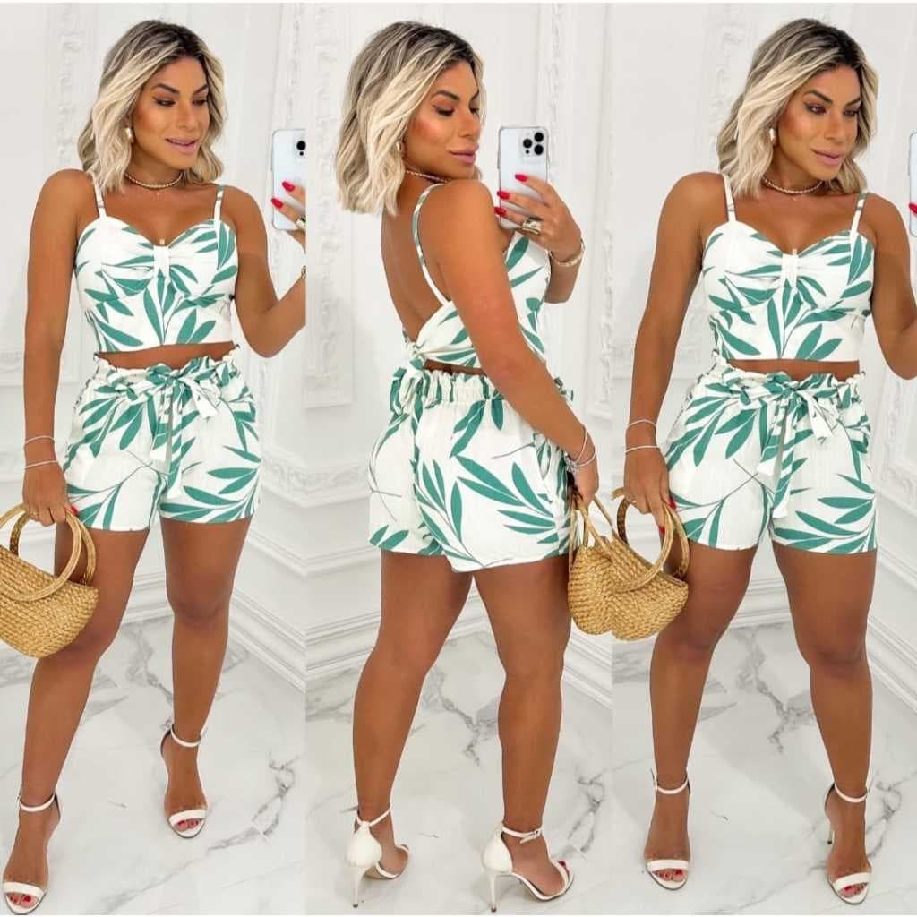 Conjunto Short + Cropped Folhagem Tropical Feminino Casual