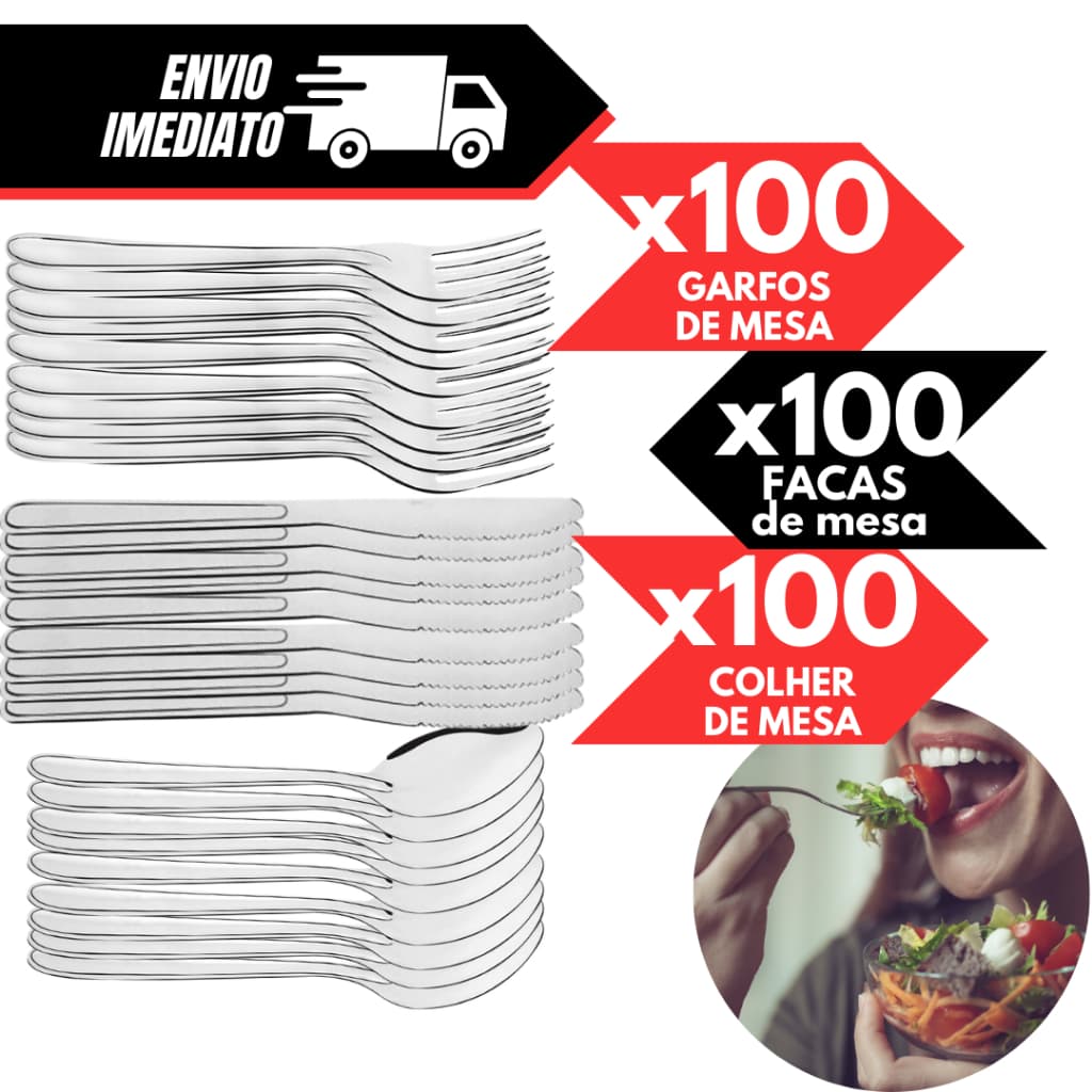 Talheres Kit 300 Peças Aço INOX 100 Facas 100 Colheres 100 Garfos de Mesa Cozinha Qualidade Casa