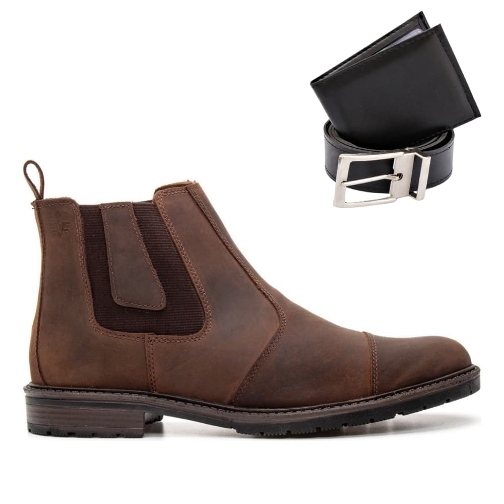 Botina Chelsea Masculina Bota Em Couro Legitimo Confortável Rustica + Cinto e Carteira
